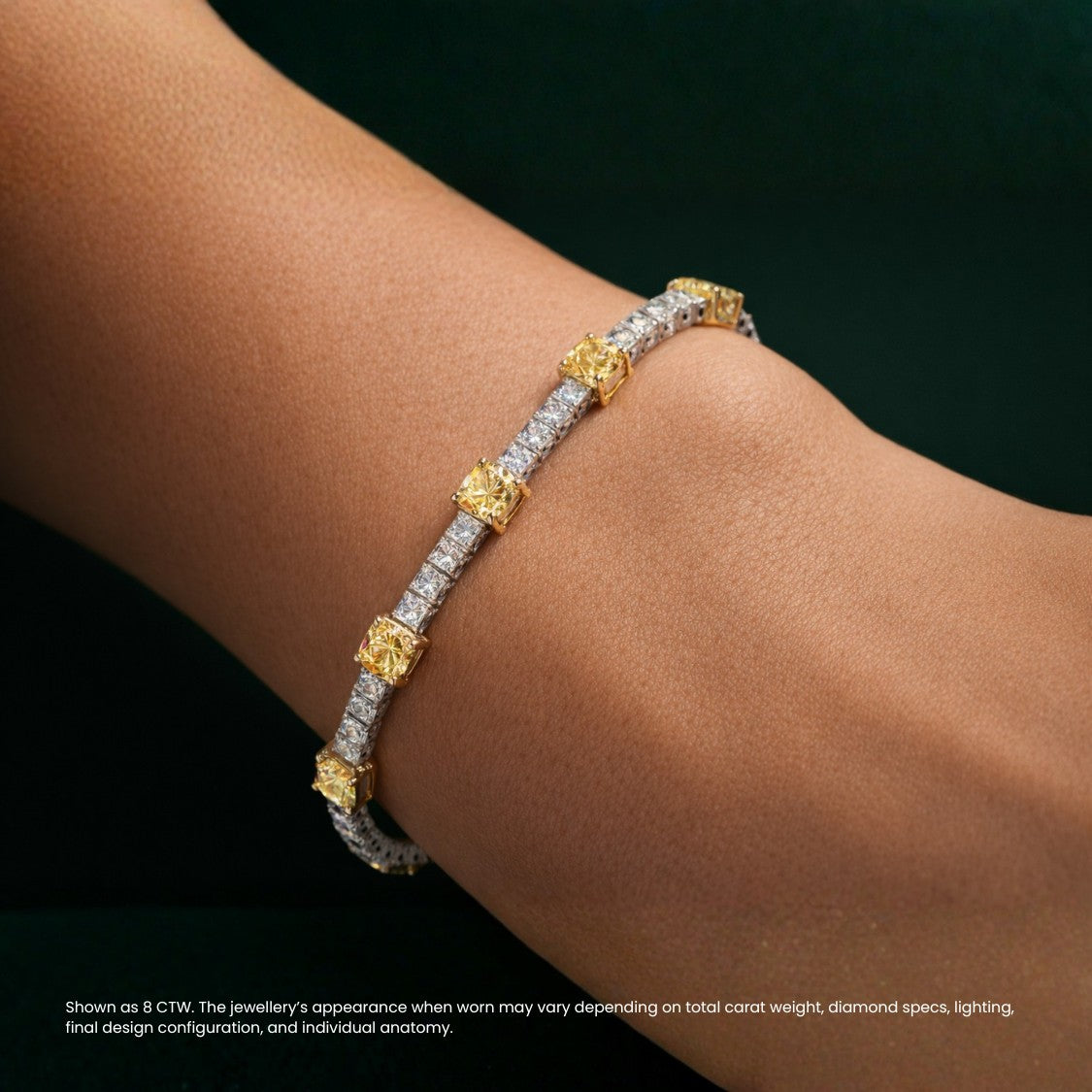 Fancy Yellow Cushion & Princess Cut Diamond Tennis Bracelet⁠