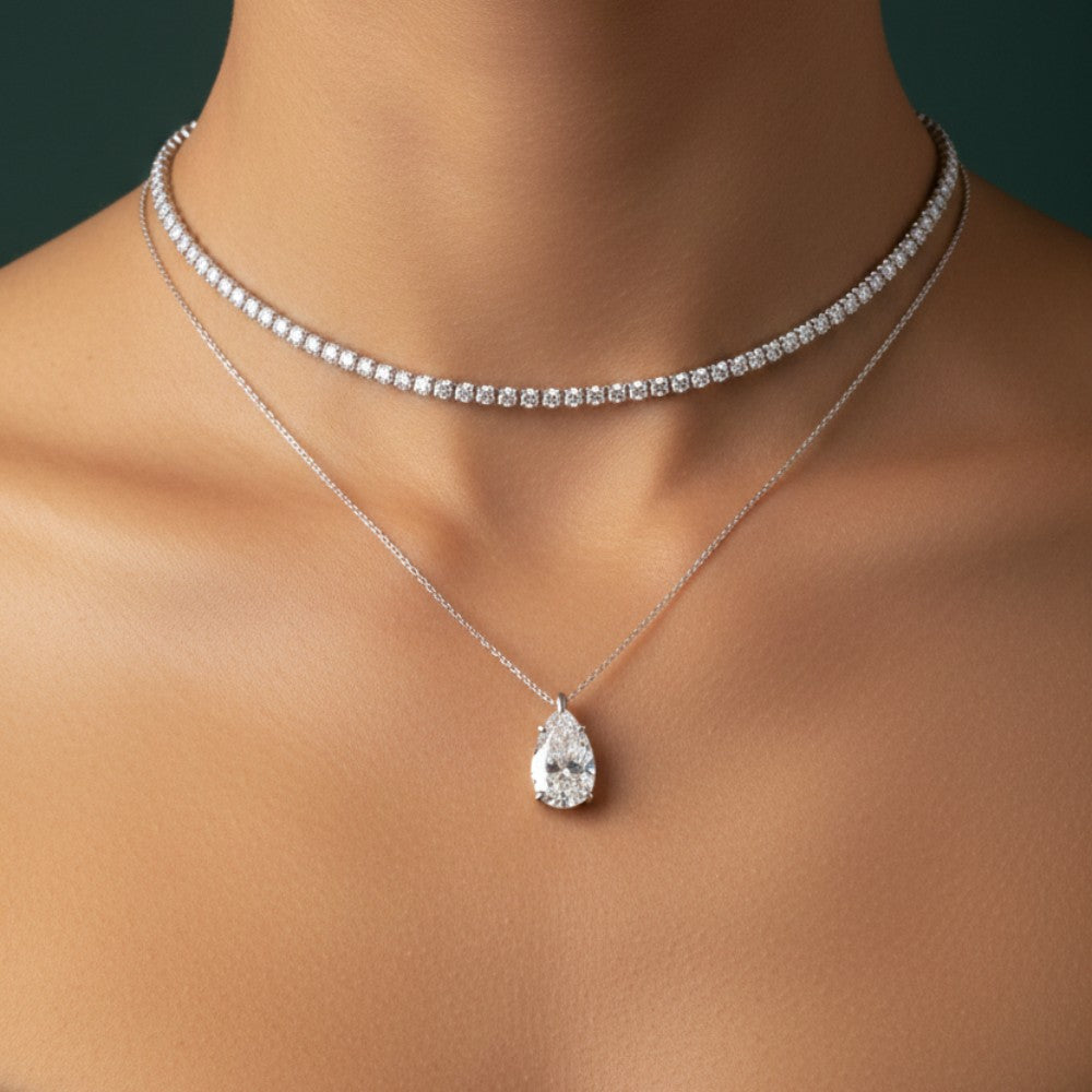 Layered Diamond Tennis Choker and Pear Pendant Necklace Set⁠