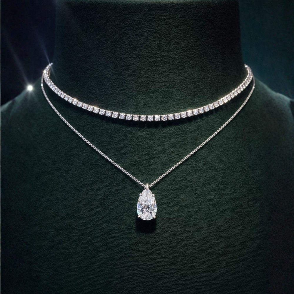 Layered Diamond Tennis Choker and Pear Pendant Necklace Set⁠