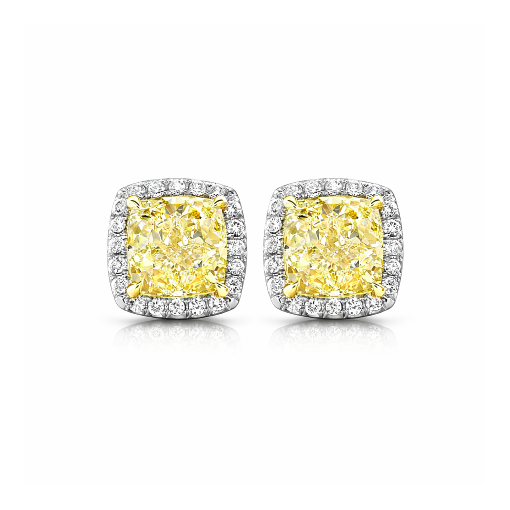 Halo Yellow Cushion Stud Lab Diamond Earrings ( 1.2 ct * 2.4 ) 18K Gold