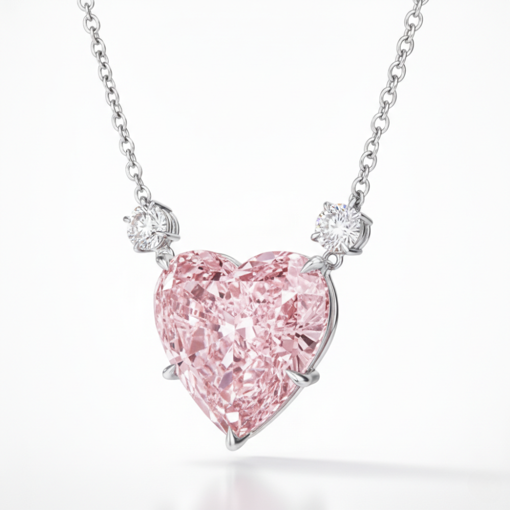18K Solid Gold 1 Carat Pink Heart Lab Diamond Accent Necklace