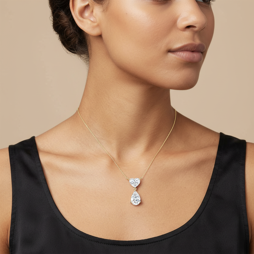 Pear and Heart Diamond Drop Pendant Necklace⁠