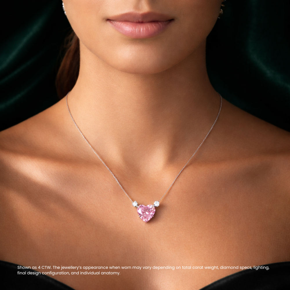 18K Solid Gold 1 Carat Pink Heart Lab Diamond Accent Necklace