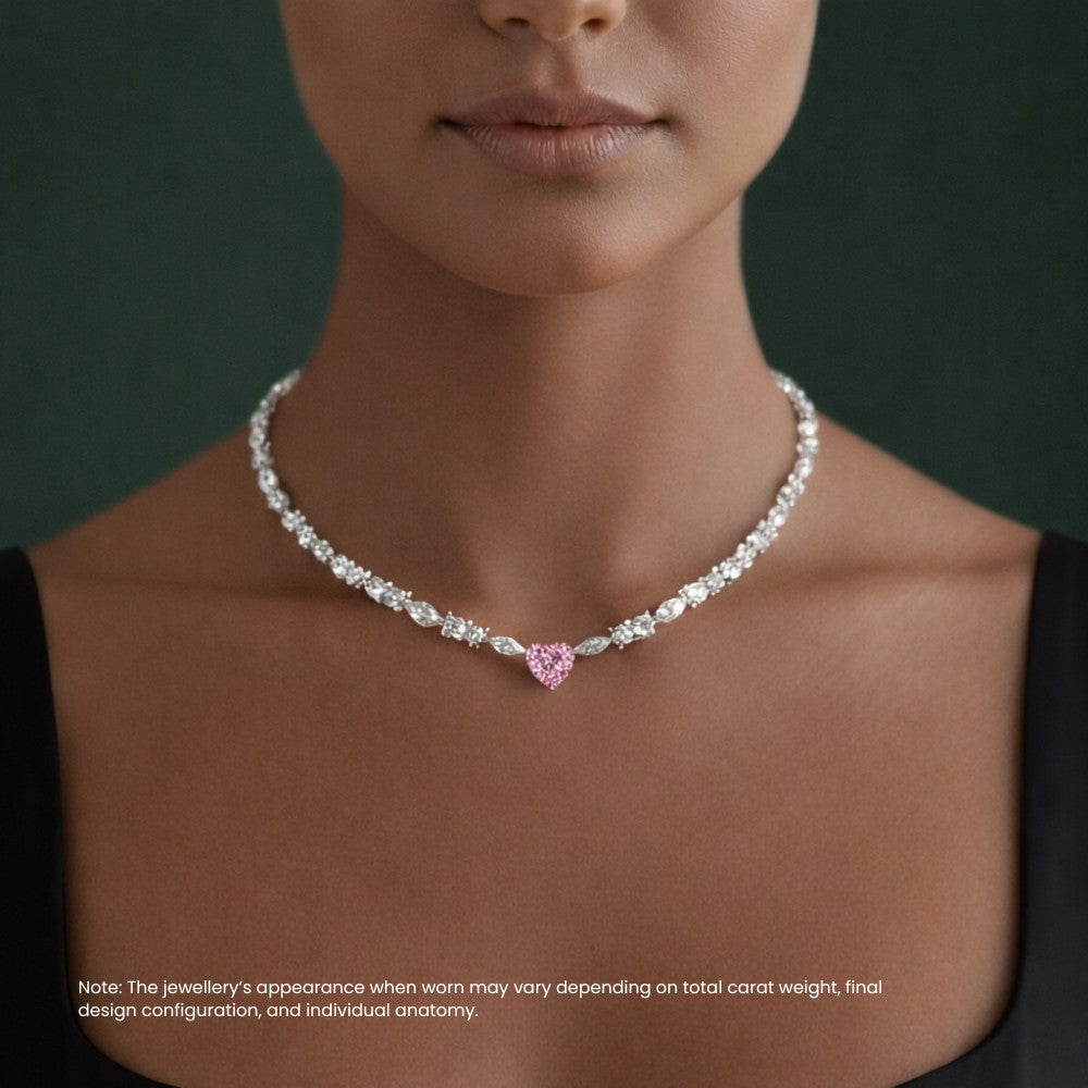 Pink Heart Diamond Mixed Cut Tennis Necklace and Earrings Set⁠