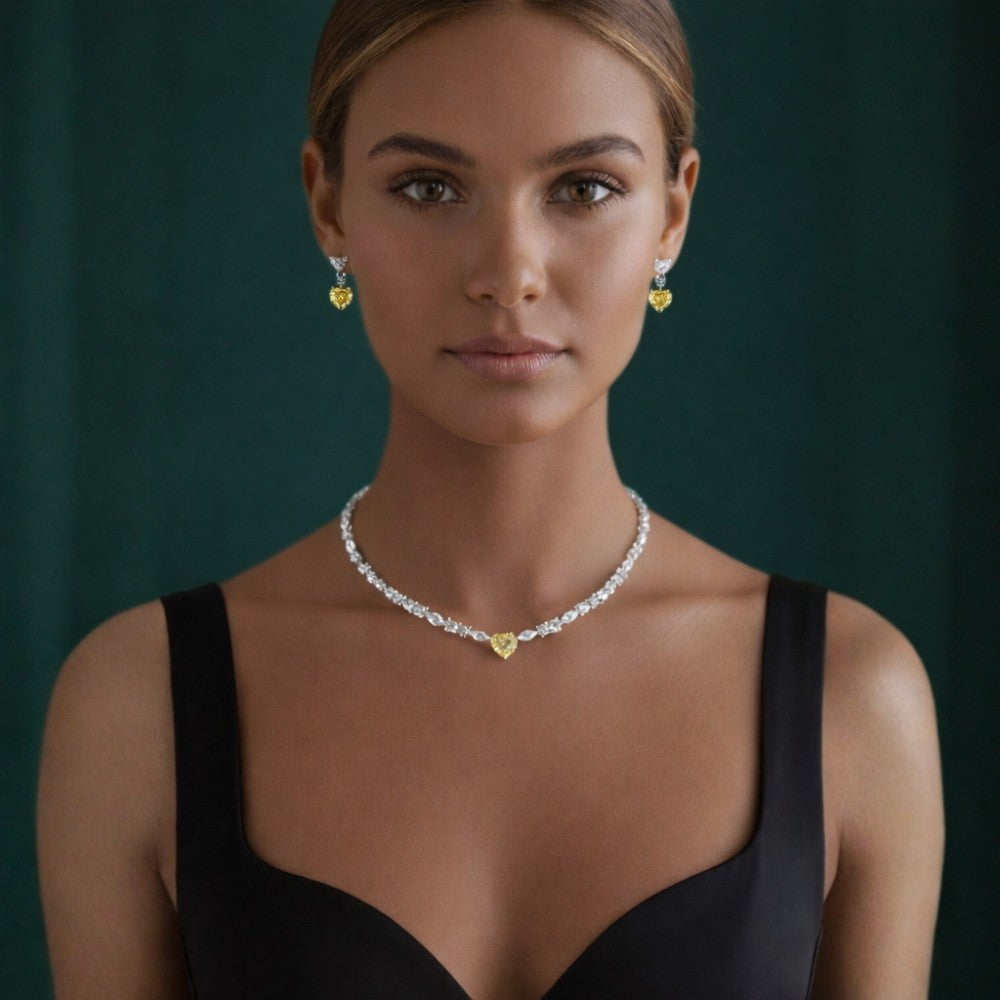 Yellow Heart Diamond Mixed Cut Tennis Necklace and Earrings Set⁠