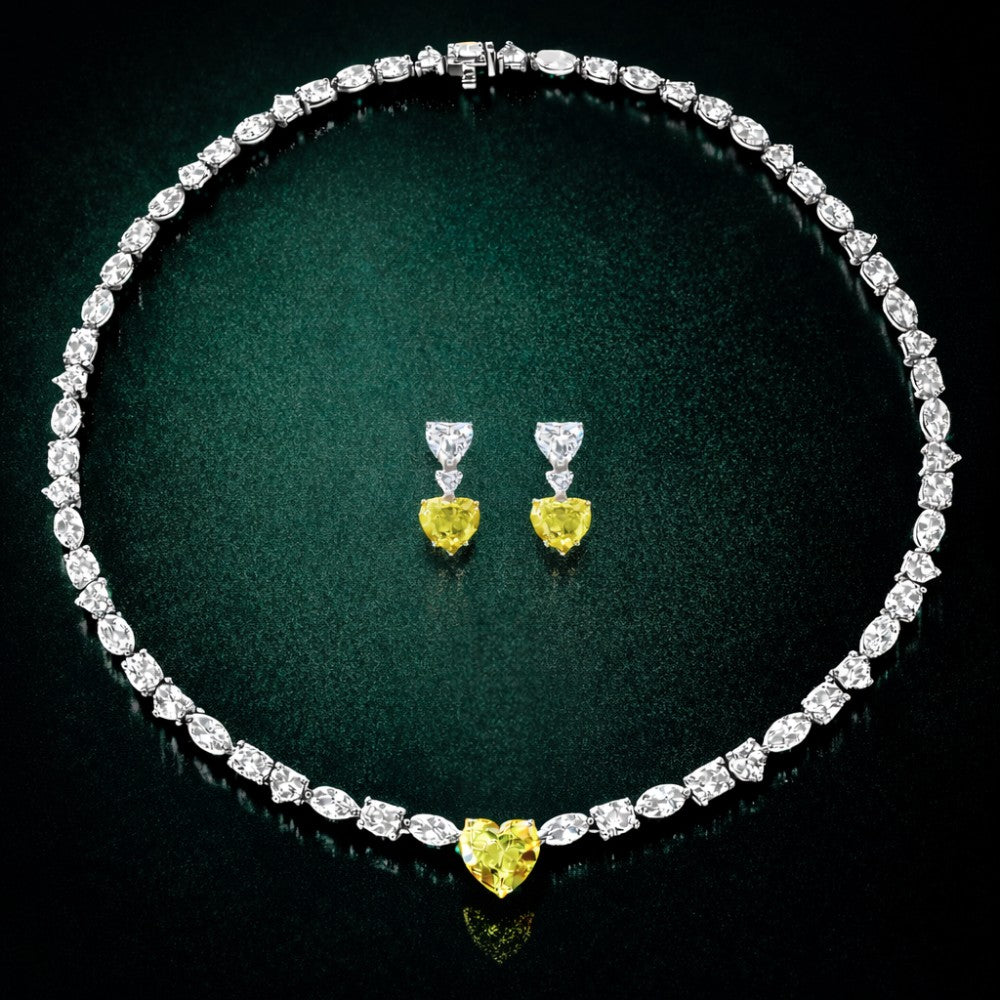 Yellow Heart Diamond Mixed Cut Tennis Necklace and Earrings Set⁠