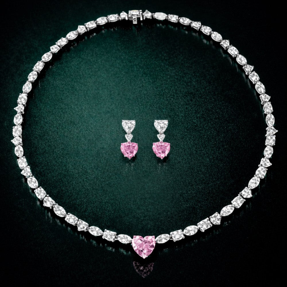 Pink Heart Diamond Mixed Cut Tennis Necklace and Earrings Set⁠