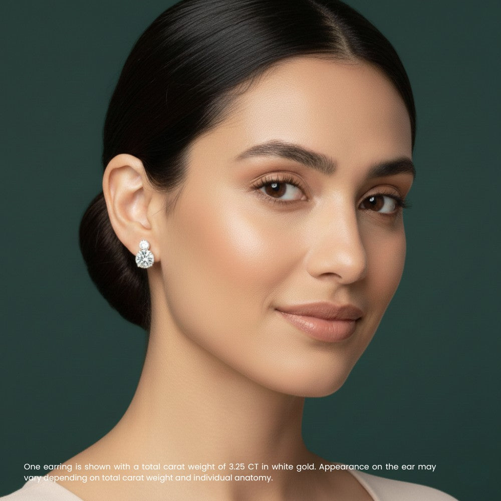 18K Solid Gold Anna Double Round Lab Grown Diamond Drop Earrings 6.5 Carat Total Weight