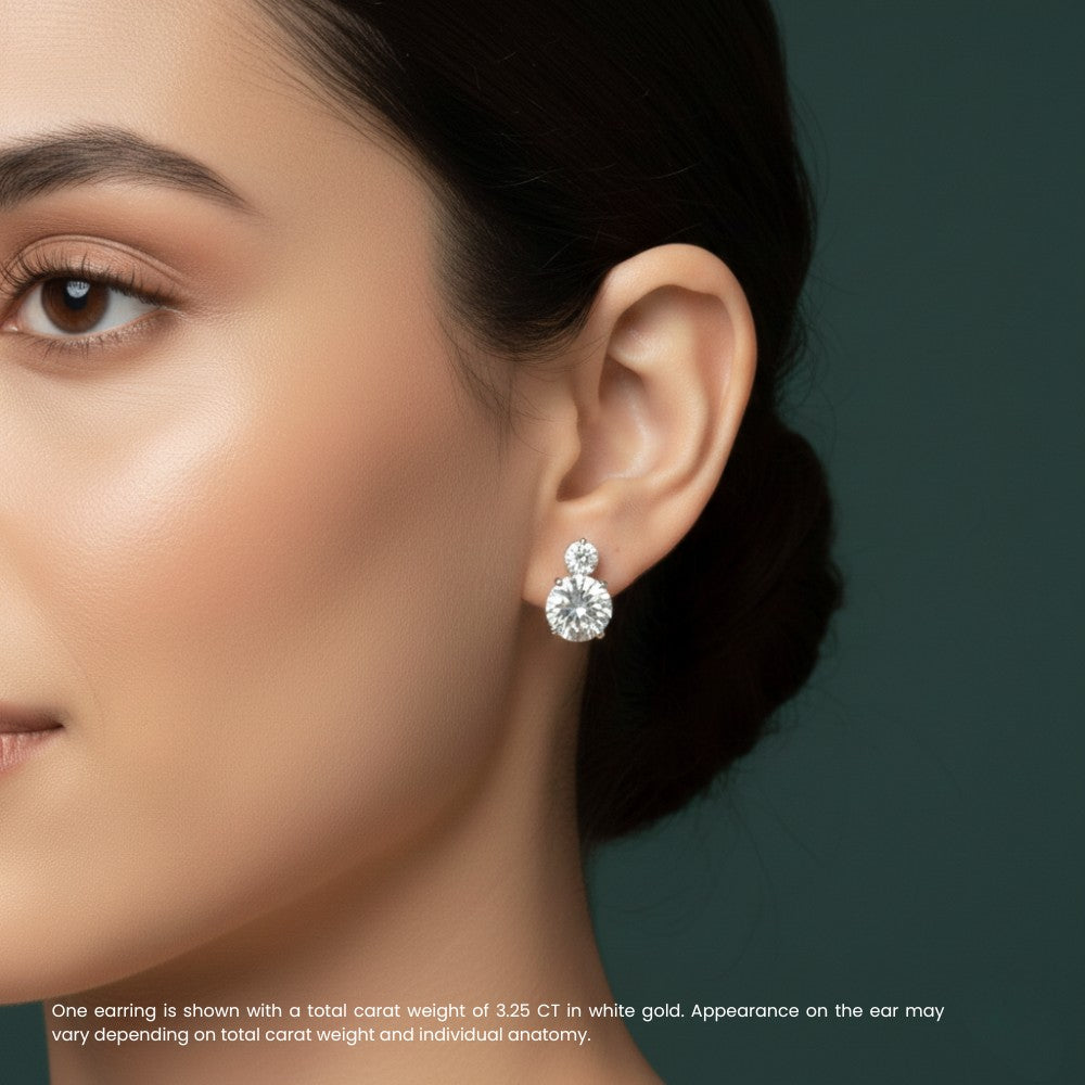 18K Solid Gold Anna Double Round Lab Grown Diamond Drop Earrings 6.5 Carat Total Weight