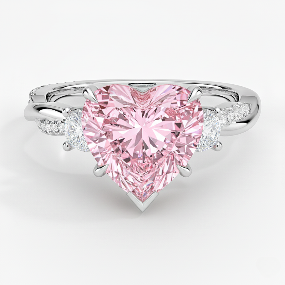 18K Solid Gold Pink Heart Round Side Diamond Ring