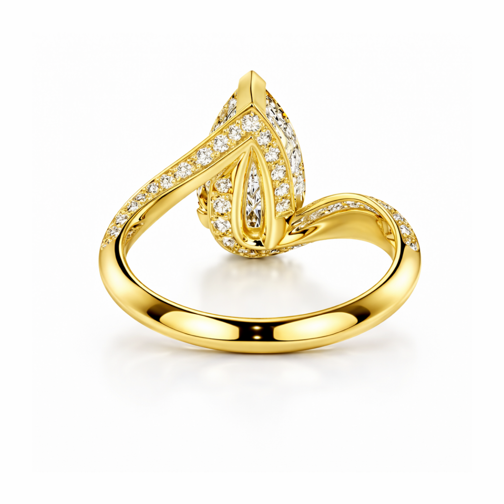 18K Solid Gold Pear Bypass Pavé Lab Diamond Ring