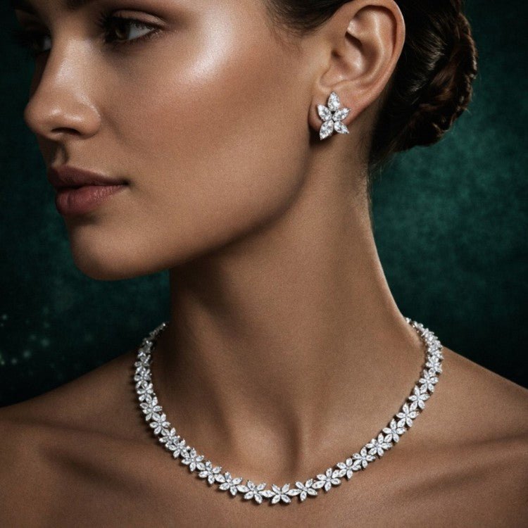 Marquise Diamond Floral Cluster Necklace and Earrings Set⁠