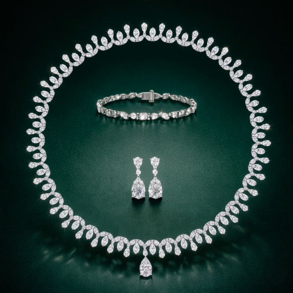 Pear and Marquise Diamond Fringe Bridal Jewelry Set with Necklace, Earrings, and Bracelet⁠