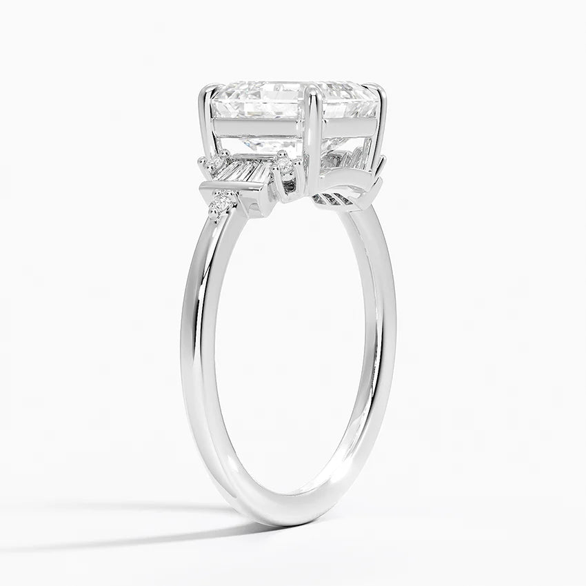 Iris Accents (Baguette and Round Side Stones) Lab Diamond Ring in 18K Gold - Asscher