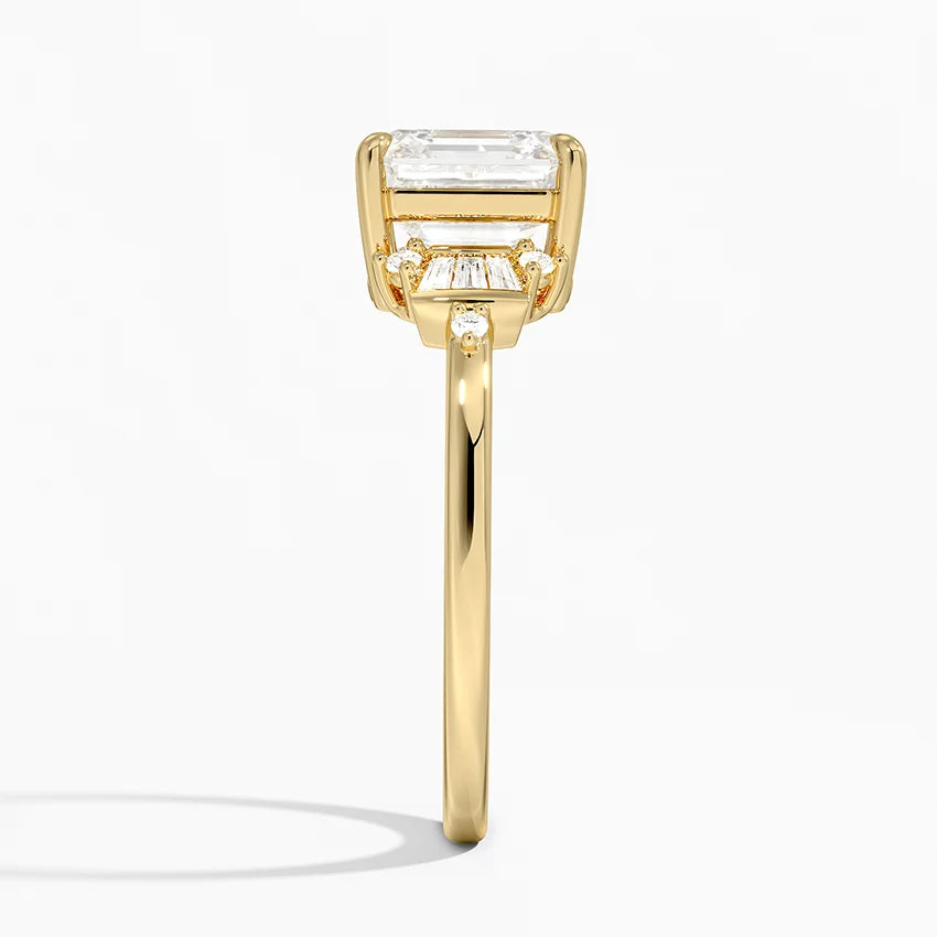 Iris Accents (Baguette and Round Side Stones) Lab Diamond Ring in 18K Gold - Asscher