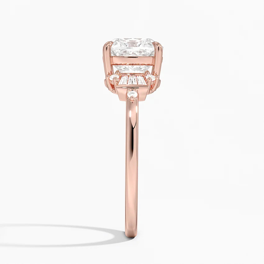Iris Accents (Baguette and Round Side Stones) Lab Diamond Ring in 18K Gold -Cushion