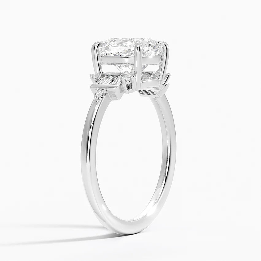 Iris Accents (Baguette and Round Side Stones) Lab Diamond Ring in 18K Gold -Cushion