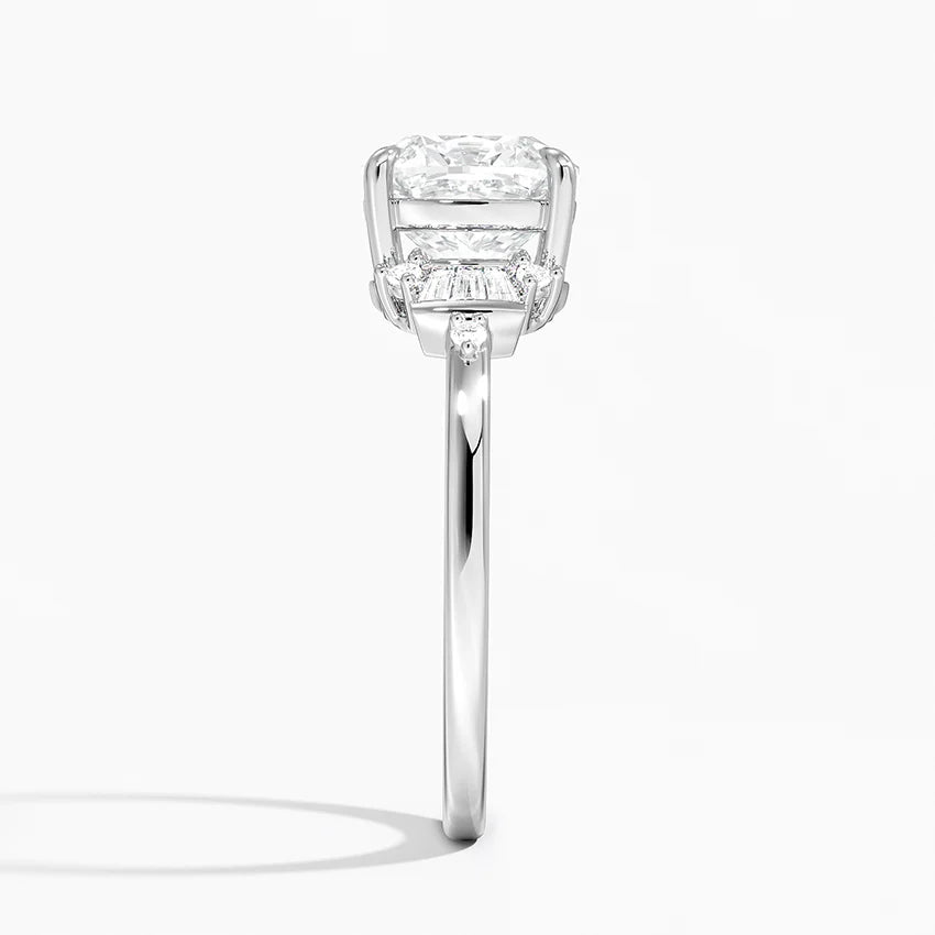 Iris Accents (Baguette and Round Side Stones) Lab Diamond Ring in 18K Gold -Cushion