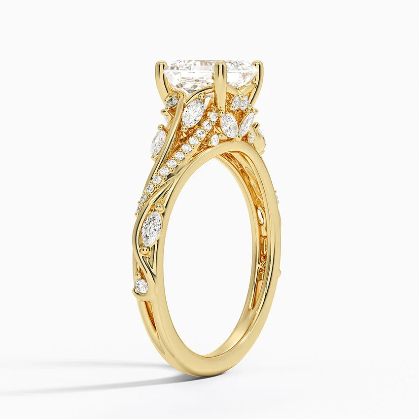 Jasmine Accents (Marquise and Round Side Stones) Lab Diamond Ring in 18K Gold -Asscher