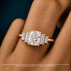 18K Solid Gold June Cushion Baguette Accent Lab Diamond Ring