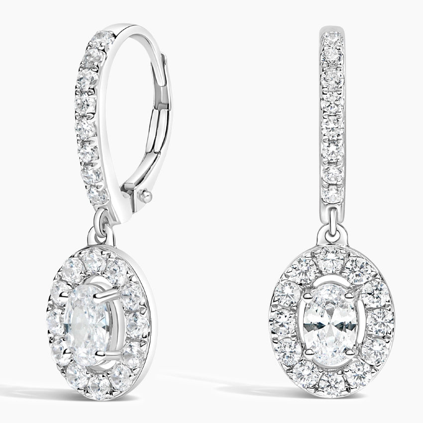 Oval drop earrings with lab-grown diamond halo set in white gold, luxury fine jewelry
