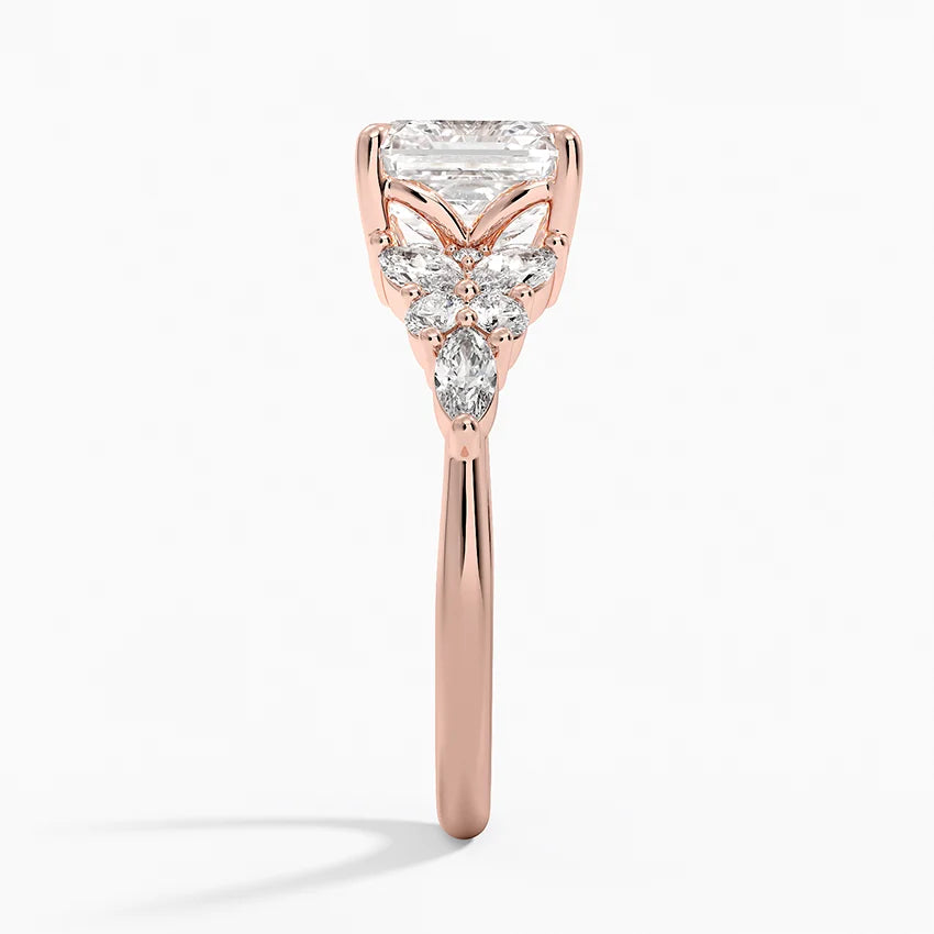 Magnolia Accents (Marquise and Round Side Stones) Lab Diamond Ring in 18K Gold - Asscher