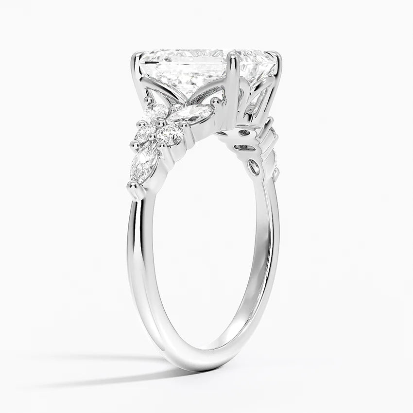 Magnolia Accents (Marquise and Round Side Stones) Lab Diamond Ring in 18K Gold - Emerald