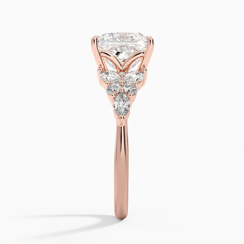 Magnolia Accents (Marquise and Round Side Stones) Lab Diamond Ring in 18K Gold - Princess