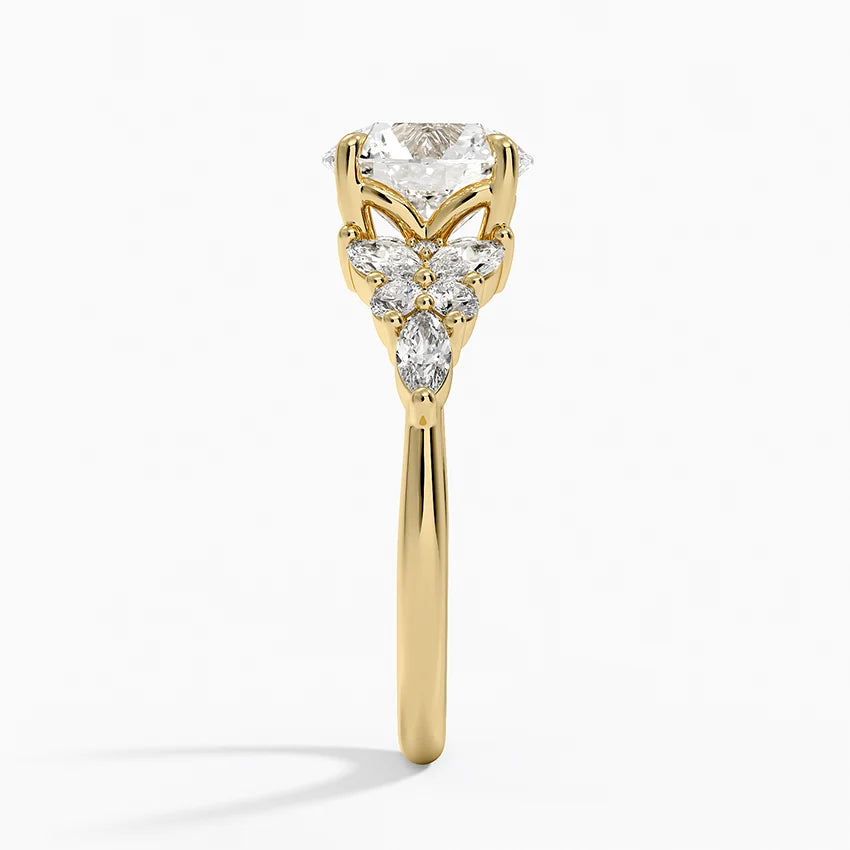 Magnolia Accents (Marquise and Round Side Stones) Lab Diamond Ring in 18K Gold - Round