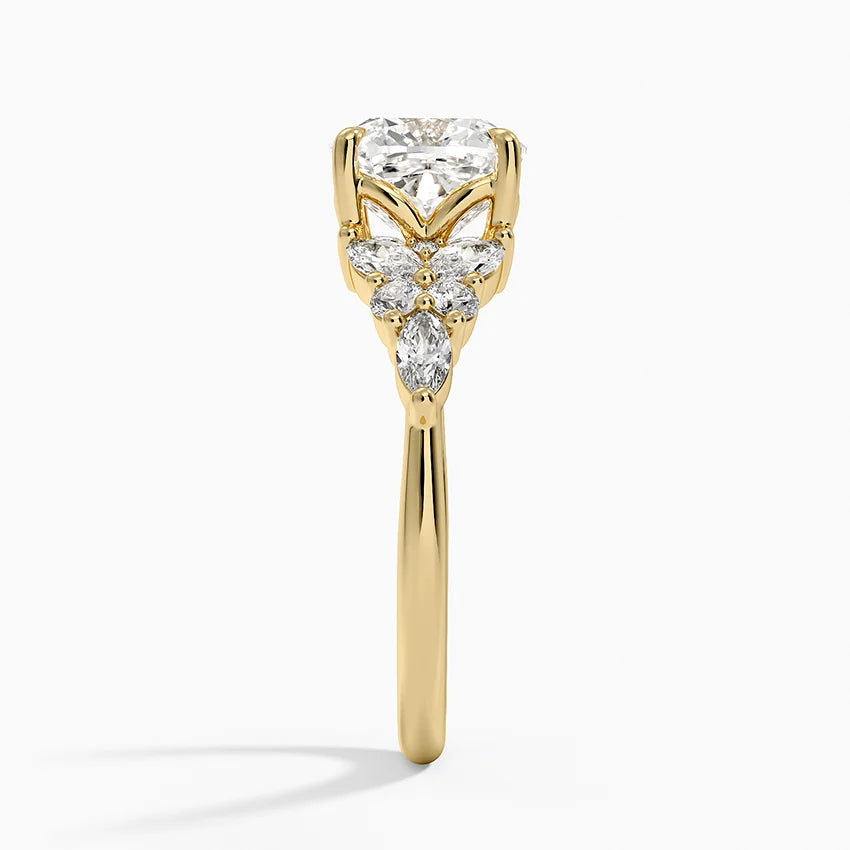Magnolia Accents (Marquise and Round Side Stones) Lab Diamond Ring in 18K Gold -Cushion