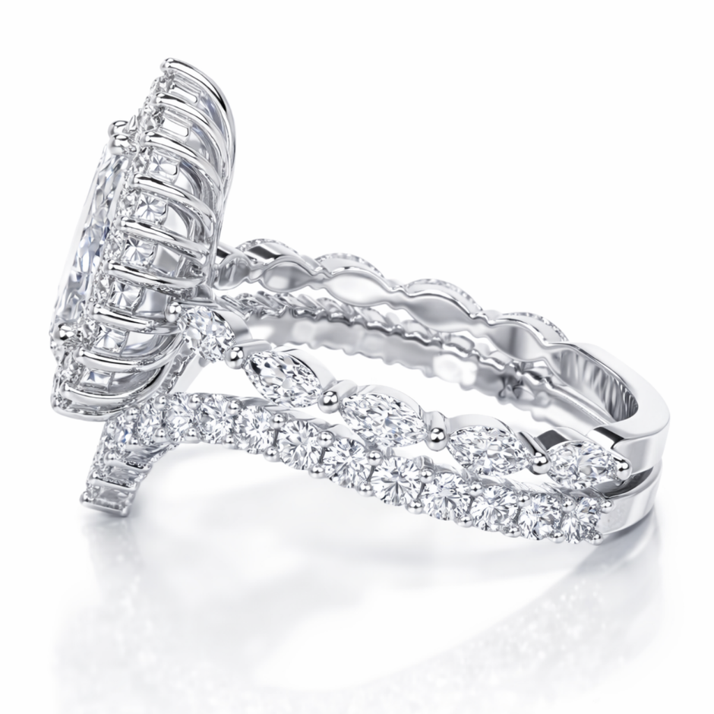 18K Solid Gold Madeleine Pear Halo Lab Diamond Bridal Ring Set