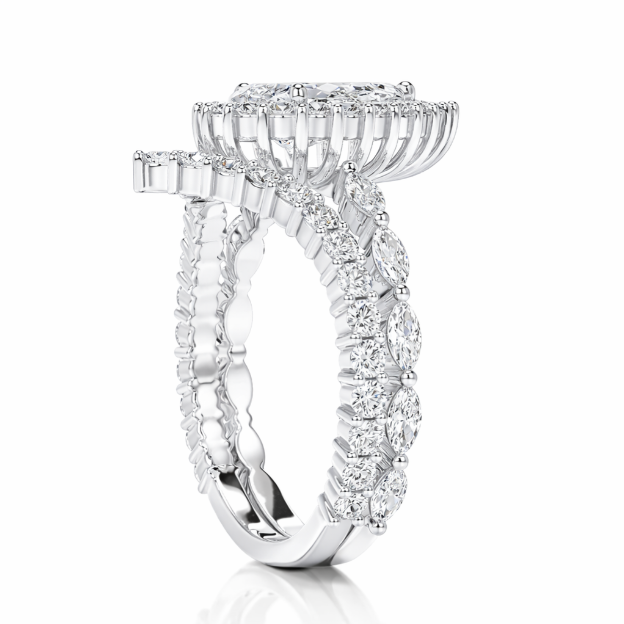 Madeleine Bridal Lab Diamond Engagement Ring Set (2 Rings) – Pear Halo with Marquise Side Diamonds and V-Shaped Band (0.5 CTW) 18K Gold