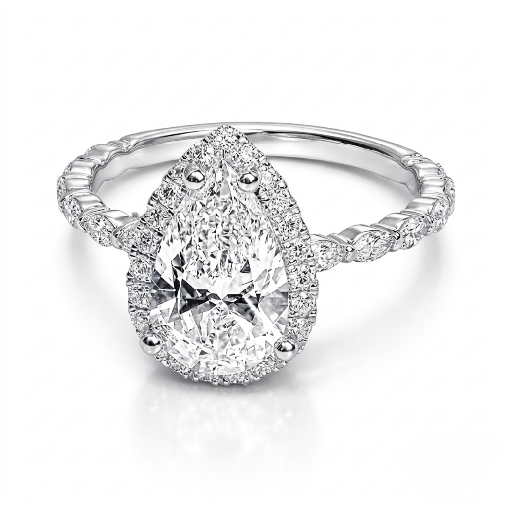 18K Solid Gold Madeleine Pear Halo Lab Diamond Bridal Ring Set