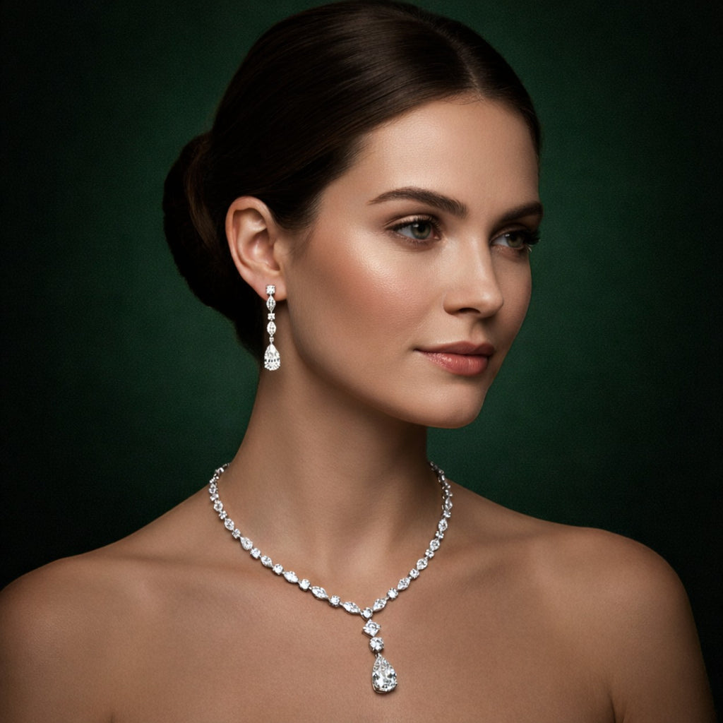 ⁠Mixed Cut Diamond Drop Bridal Jewelry Set with Necklace, Earrings, and Bracelet⁠