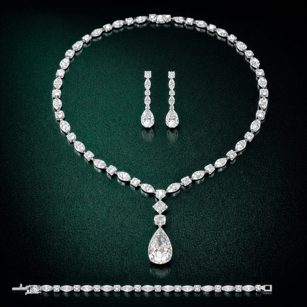 ⁠Mixed Cut Diamond Drop Bridal Jewelry Set with Necklace, Earrings, and Bracelet⁠