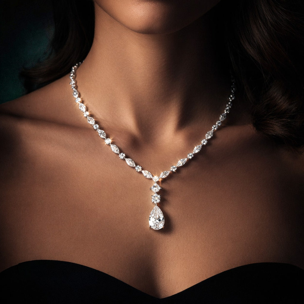 ⁠Mixed Cut Diamond Drop Bridal Jewelry Set with Necklace, Earrings, and Bracelet⁠