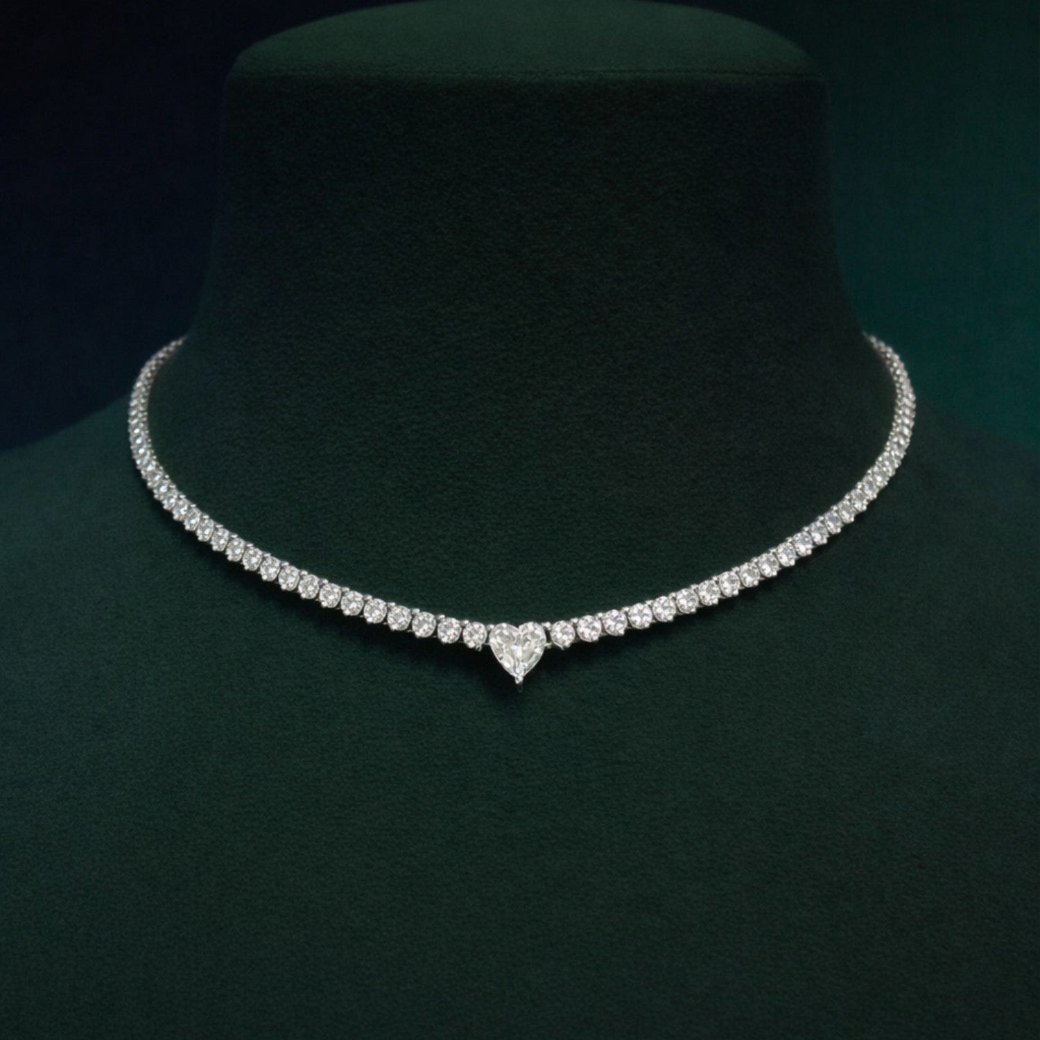 Heart Center Solitaire Diamond Tennis Necklace⁠
