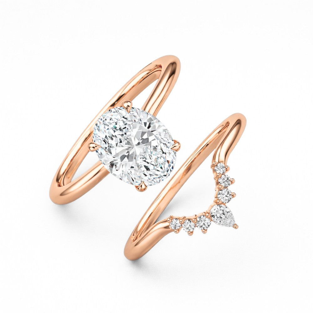 18K Solid Gold Oval Lab Grown Diamond Contour Ring Set