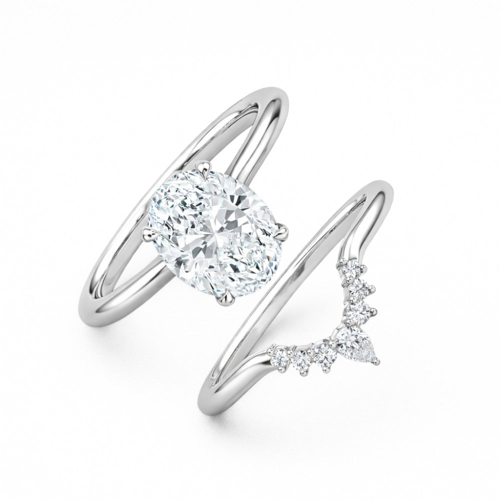 18K Solid Gold Oval Lab Grown Diamond Contour Ring Set
