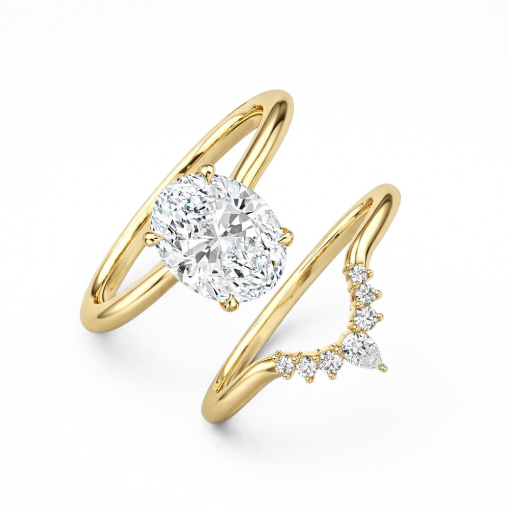 18K Solid Gold Oval Lab Grown Diamond Contour Ring Set