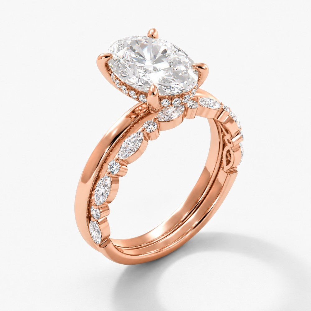 18K Solid Gold Oval Lab Grown Diamond Marquise Accent Bridal Ring Set