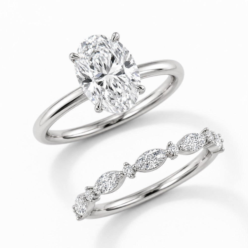 18K Solid Gold Oval Lab Grown Diamond Marquise Accent Bridal Ring Set
