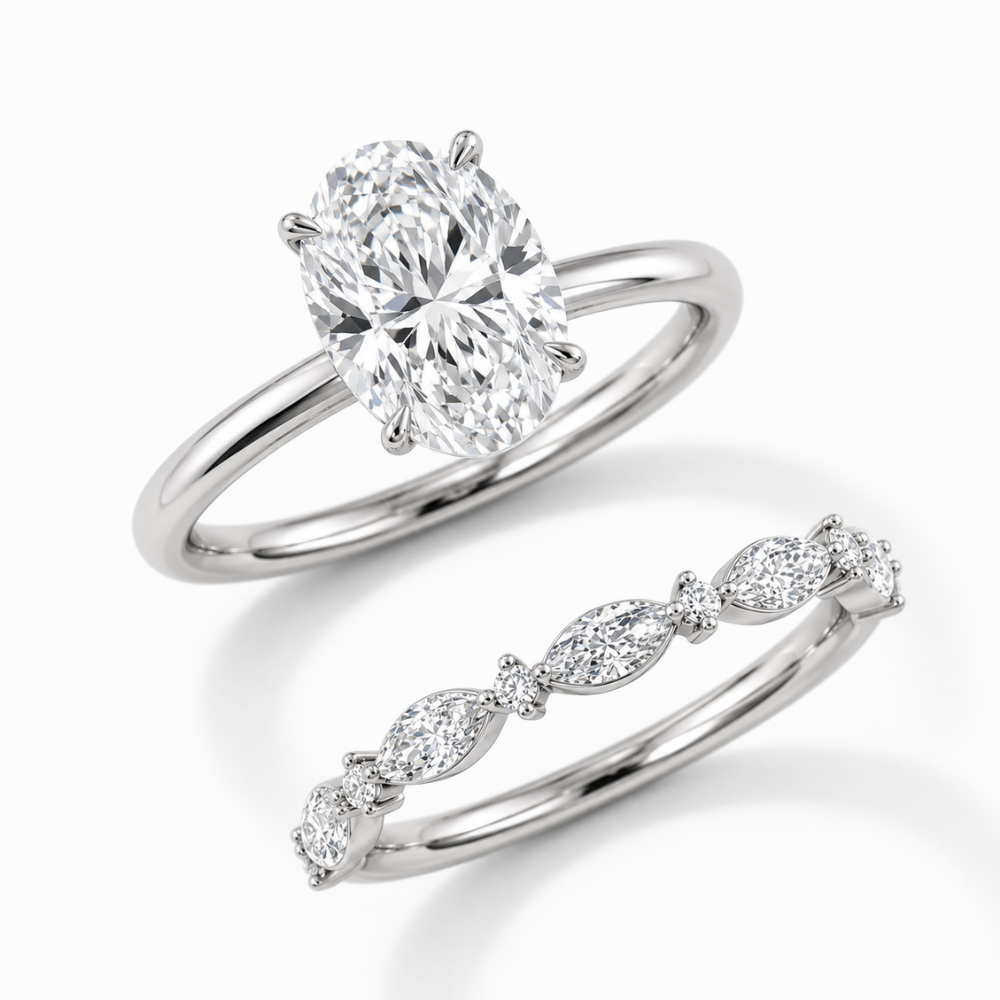 18K Solid Gold Oval Lab Grown Diamond Marquise Accent Bridal Ring Set