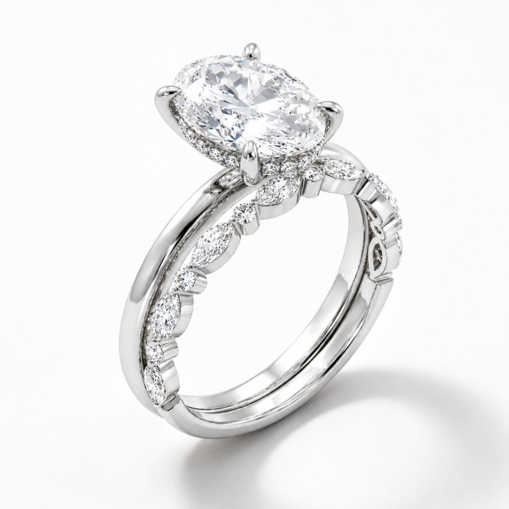 18K Solid Gold Oval Lab Grown Diamond Marquise Accent Bridal Ring Set