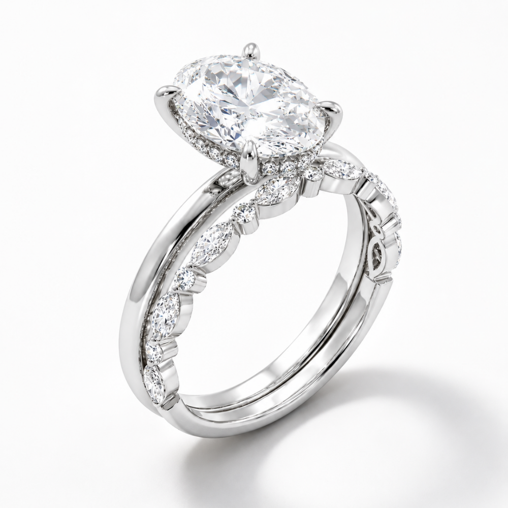 18K Solid Gold Oval Lab Grown Diamond Marquise Accent Bridal Ring Set