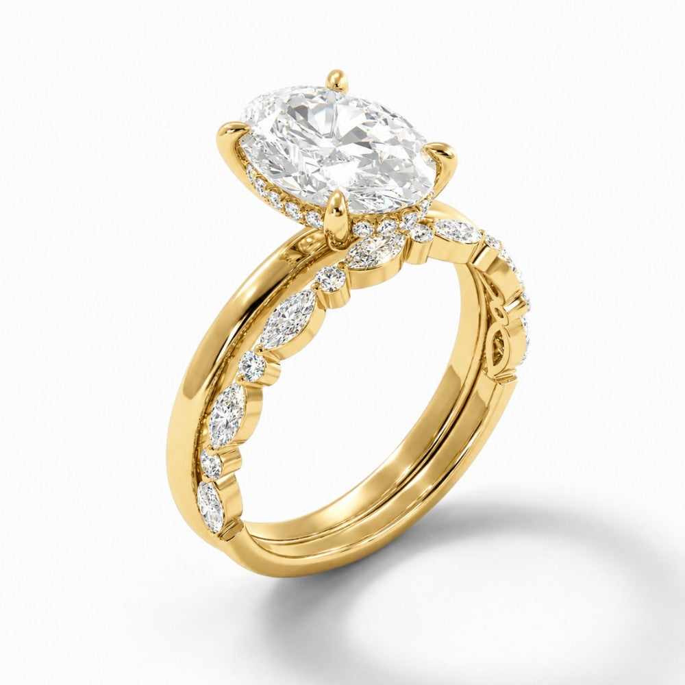 18K Solid Gold Oval Lab Grown Diamond Marquise Accent Bridal Ring Set