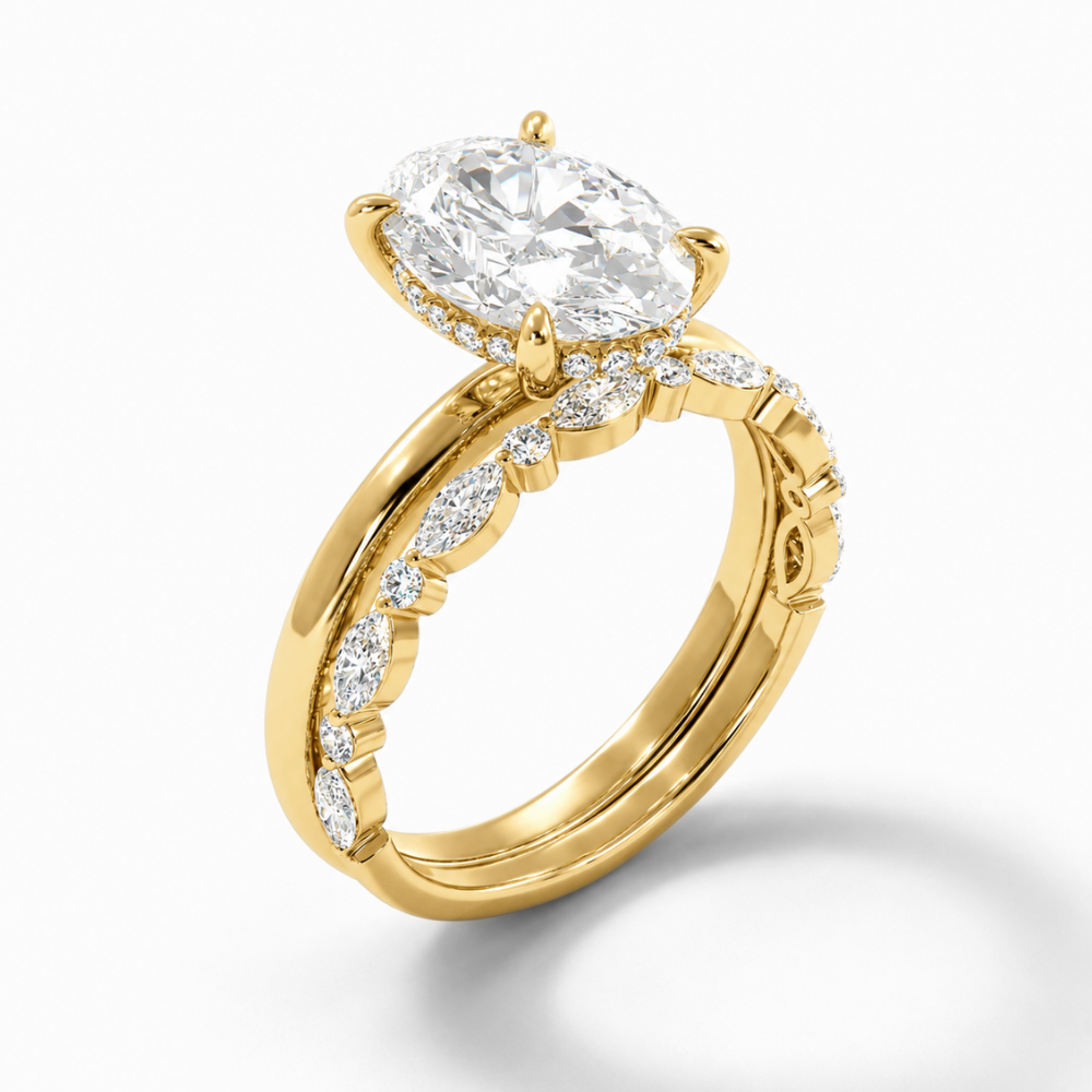 18K Solid Gold Oval Lab Grown Diamond Marquise Accent Bridal Ring Set