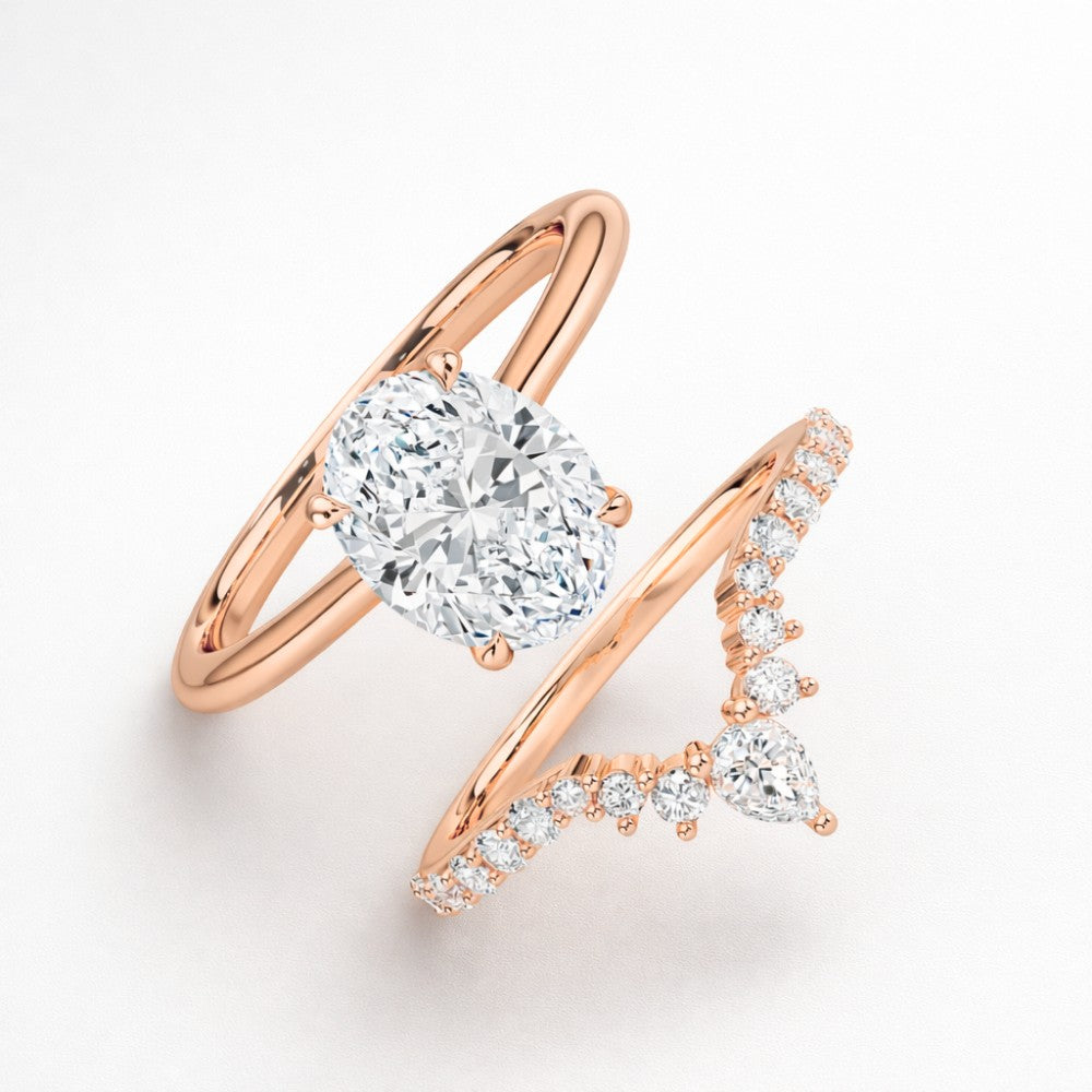 18K Solid Gold Oval Lab Grown Diamond Hidden Halo Ring Set