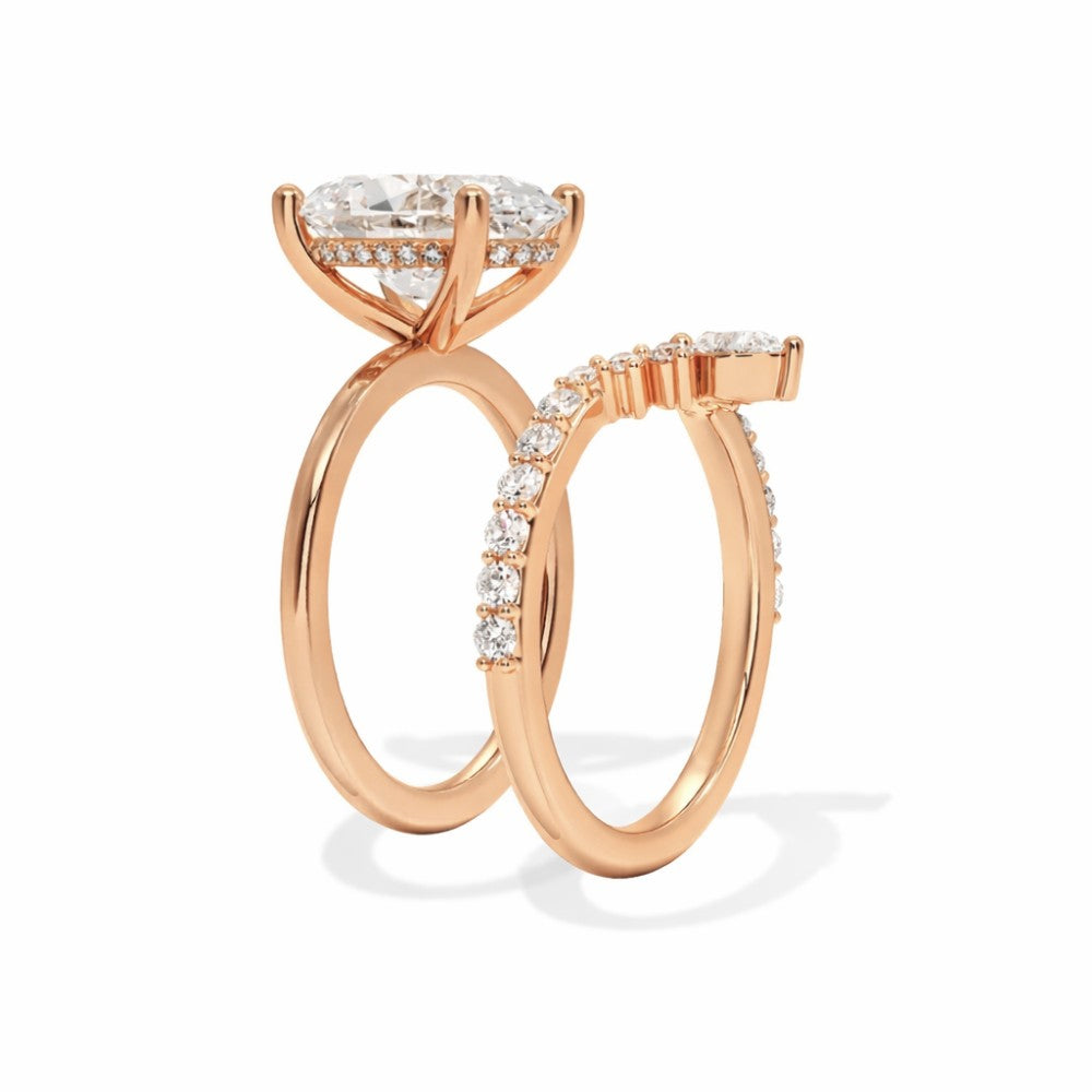 18K Solid Gold Oval Lab Grown Diamond Hidden Halo Ring Set