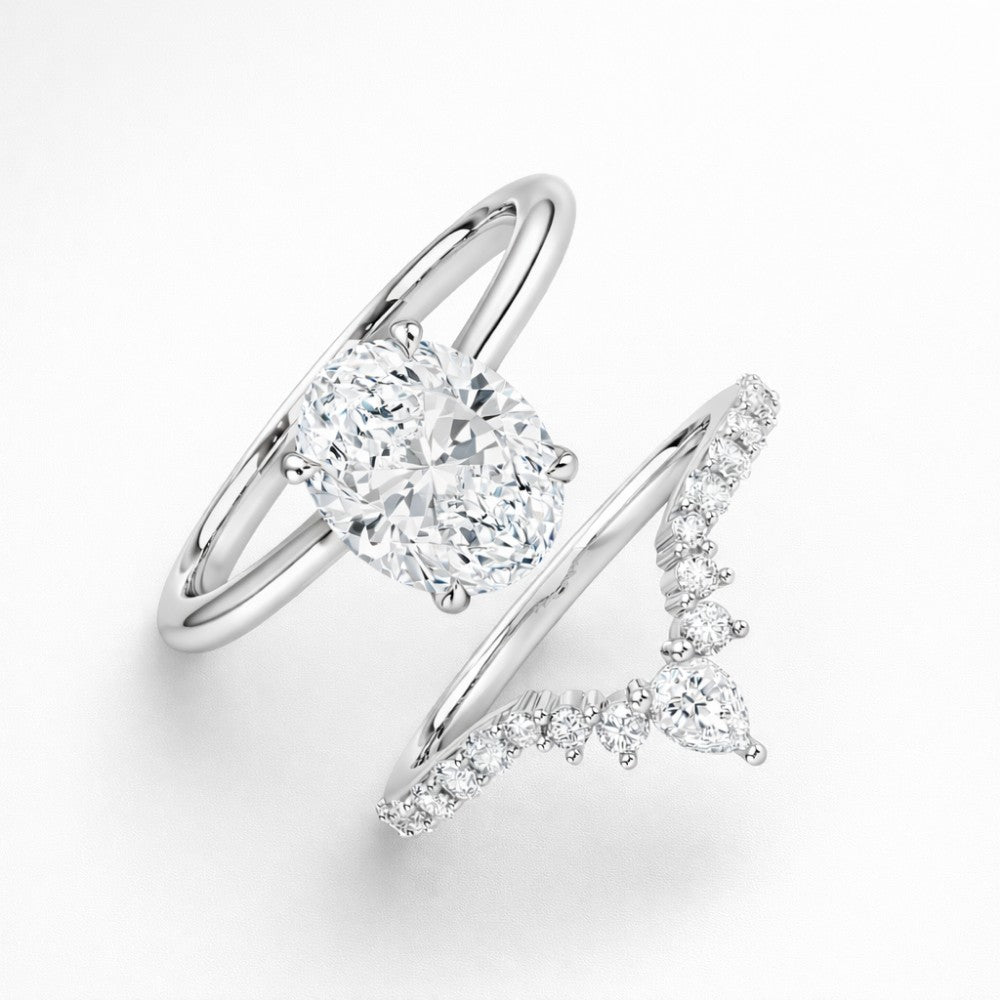 18K Solid Gold Oval Lab Grown Diamond Hidden Halo Ring Set